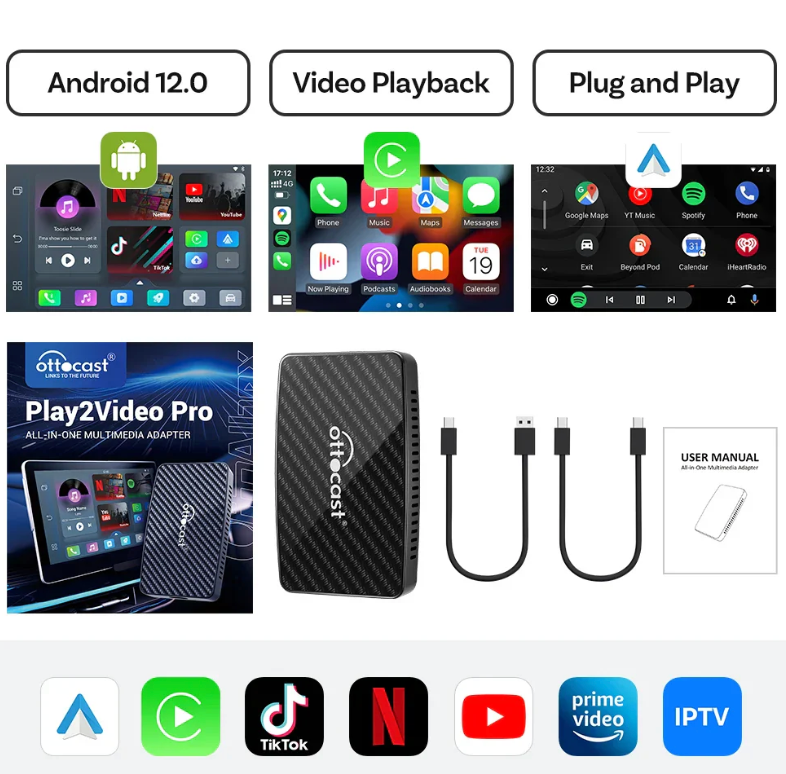 Ottocast Play2Video Pro – Wireless CarPlay Auto Multimedia Adapter (Plug & Play)